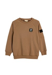 Brązowy sweter z okrągłym dekoltem, ściągaczami na rękawach i u dołu. Posiada czarną łatę z napisem na piersi oraz czarny akcent na rękawie.