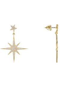 Guldtonade stjärnformade örhängen med en central kristalldetalj, med droppdesign och stiftslutning, accentuerade av mindre stjärnmönster.