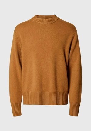 Pull en tricot marron avec un col rond haut et un ourlet côtelé. Texture douce, manches longues et coupe décontractée. Convient pour une tenue décontractée.