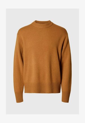 Rjav pleteni pulover z visokim okroglim izrezom in rebrastim robom. Mehak material, dolgi rokavi in sproščen kroj. Primeren za vsakodnevno nošenje.