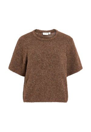 Brązowy krótki sweter z dzianiny z krótkim rękawem i okrągłym dekoltem, charakteryzujący się miękką, puszystą fakturą i luźnym krojem.