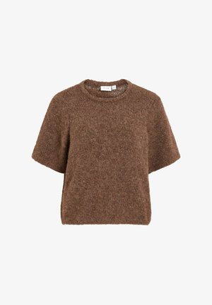 Brązowy krótki sweter z dzianiny z krótkim rękawem i okrągłym dekoltem, charakteryzujący się miękką, puszystą fakturą i luźnym krojem.