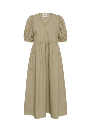 Beiges Midikleid mit gerafften kurzen Puffärmeln, V-Ausschnitt, gesammelter Taille und fließendem Rock.