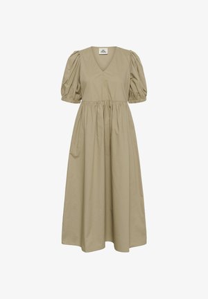 Beiges Midikleid mit gerafften kurzen Puffärmeln, V-Ausschnitt, gesammelter Taille und fließendem Rock.