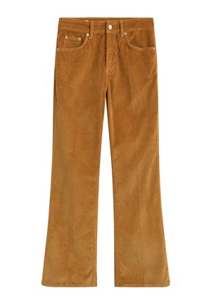 Brown corduroy flared pants with a textured surface, featuring a front button closure, belt loops, and five pockets.