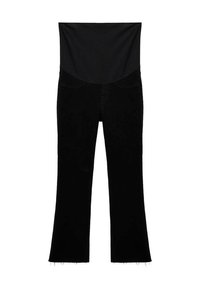 Černé džíny s rozšířenými nohavicemi a středním pasem. Vyznačují se bavlněnou směsí, pěti kapsami a nedokončeným lemem pro ležérní vzhled.