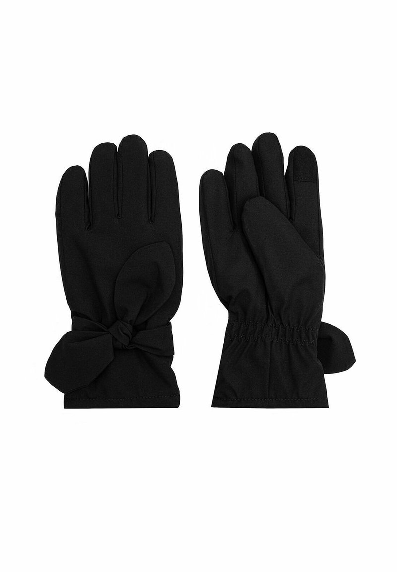 Czarne rękawiczki o gładkiej fakturze, z kokardką przy nadgarstku i elastycznymi mankietami zapewniającymi dopasowanie.