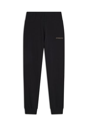 Pantaloni joggers neri in tessuto morbido, con gambe affusolate e polsini elastici. Presentano un logo dorato "FREDDY" sulla coscia sinistra.