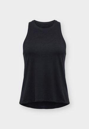 Sort ærmeløs tanktop med høj halsudskæring og let buet kant, vist på fladt lysegråt baggrund.