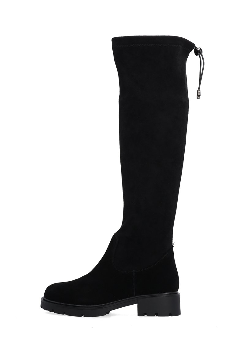 Schwarze Overkneestiefel aus Wildleder mit flacher Sohle, runder Zehenpartie und einem verstellbaren Zugband an der Oberseite.