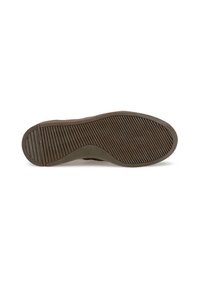 Suola di scarpa in gomma marrone con righe orizzontali e verticali per trazione. Punta arrotondata e tacco leggermente rialzato. Superficie testurizzata per grip.