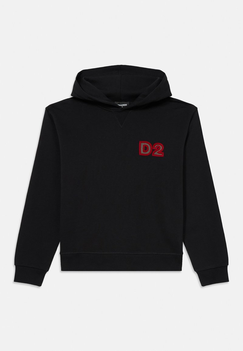 Felpa nera con cappuccio realizzata in tessuto morbido, con un grande logo rosso "D2" sul petto. Include un cappuccio regolabile con lacci e polsini a costine.