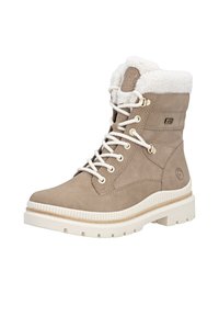 Schnürstiefel aus hellbraunem Wildleder mit einem weißen Kunstfellkragen, Gummisohle und Metallösen für die Schnürsenkel. Leicht und isoliert gestaltet.