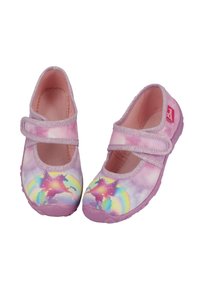 Helle rosa Stoffschuhe mit einem Einhorn- und Regenbogenmuster, ausgestattet mit einem glitzernden Riemen und einer Sohle für zusätzlichen Halt und Dämpfung.