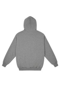 Felpa grigia con cappuccio, maniche lunghe, polsini e orlo a costine. Texture liscia, design semplice, senza loghi o motivi visibili.