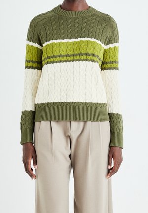 Personne portant un pull torsadé vert, blanc et lime, associé à un pantalon beige plissé, debout devant un fond clair uni.