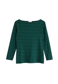 Långärmad topp med båtformad halsringning, prydd med horisontella blå och gröna ränder på ett mjukt tyg. Enkelt design utan dekorationer.