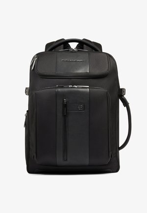 Black Piquadro backpack with multiple zippered compartments, leather accents, top handle, and padded shoulder straps.