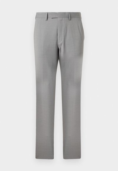 Ανοιχτό γκρι επίσημο ανδρικό παντελόνι με θηλιές για ζώνη, μπροστινές τσέπες και κρυφή εμπρόσθια κλείσιμο με φερμουάρ.