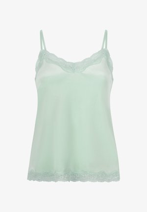 Minzgrünes Satinkleid mit verstellbaren Trägern und feiner Spitzenverzierung entlang des Ausschnitts und Saums. Glatte Textur, lockere Passform.
