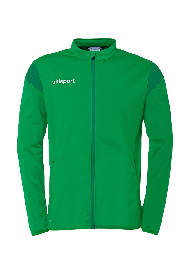 Green athletic jacket made of polyester. Features a zip front, high collar, and contrasting darker green panels on shoulders. Logo on chest.