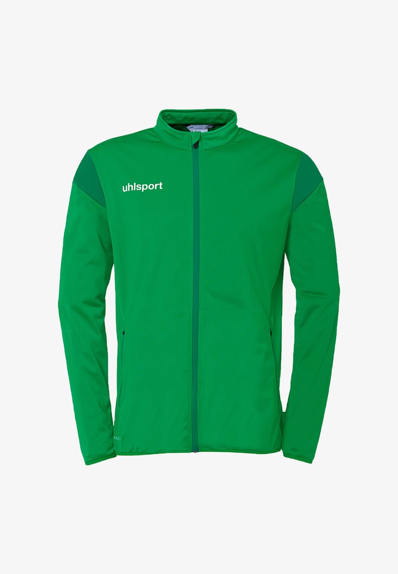 Green athletic jacket made of polyester. Features a zip front, high collar, and contrasting darker green panels on shoulders. Logo on chest.