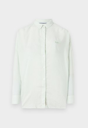 Jasnozielona koszula na guziki w paski z kołnierzykiem, długimi rękawami i delikatnym logo marki na piersi; wykonana z gładkiego materiału.