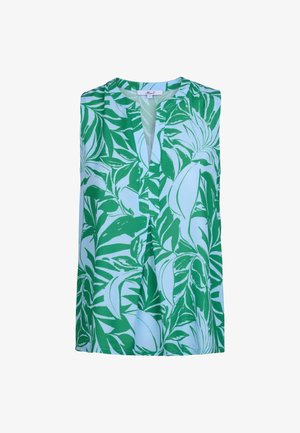 Mouwloos top in lichtblauwe stof, met grote groene bladerenpatronen. V-hals ontwerp met een relaxte pasvorm. Zachte textuur overal.