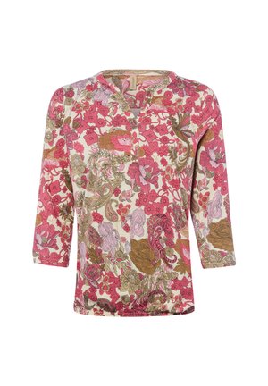 Damenbluse mit Blumenmuster in Rosa-, Beige- und Brauntönen, mit 3/4-Ärmeln und kurzem, geknöpftem V-Ausschnitt.