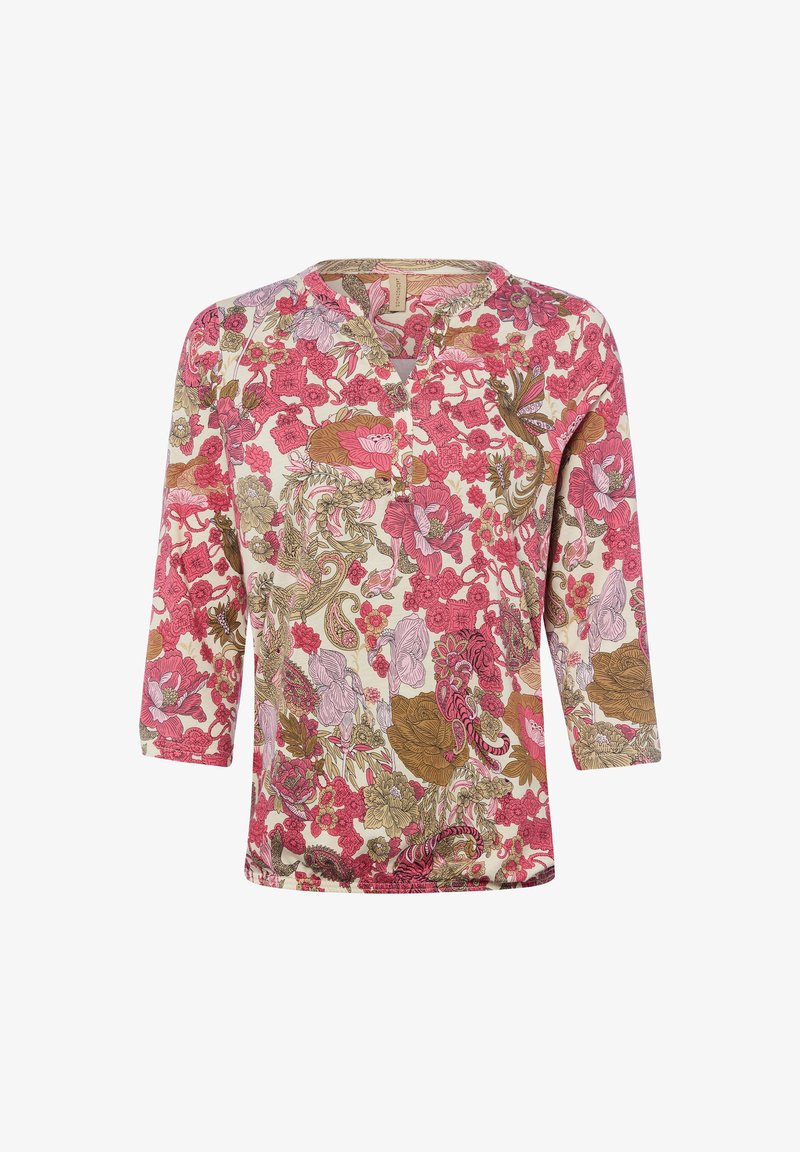 Blouse pour femme à motif floral dans des tons roses, beige et marron, avec manches 3/4 et col en V court boutonné.