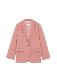 Ružový sak so strihaním, ktoré má klopový golier, jedno gombíkové zapínanie a dve predné vrecká. Vyrobené z hladkej textílie s štruktúrovaným strihom.