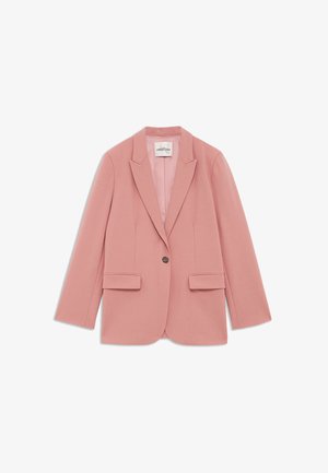 Vaaleanpunainen räätälöity bleiseri, jossa on viisto kaulus, yksittäinen napitus ja kaksi etutaskua. Valmistettu sileästä kankaasta, jossa on jämäkkä istuvuus.