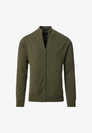 Olive green zip-up cardigan made of soft knit fabric, featuring a high collar and ribbed cuffs, with a streamlined silhouette.
