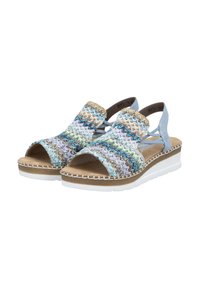 Sandali in tessuto intrecciato con punta aperta, motivo multicolore che presenta blu, verde e beige. Suola interna imbottita e zeppa in gomma bianca.