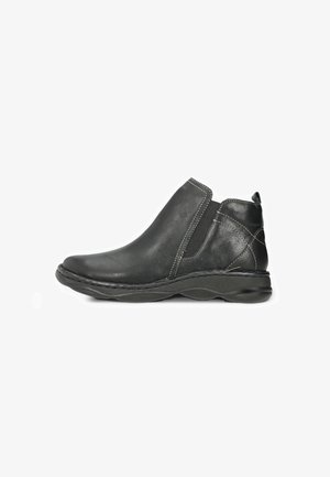Botine negre până la gleznă, din piele; panouri laterale elastice; vârf rotunjit; cusături contrastante; talpă din cauciuc; textură netedă; design minimalist.