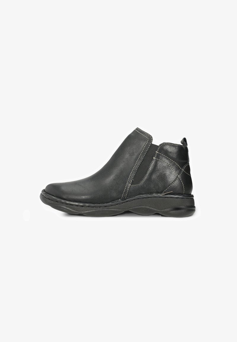 Botine negre până la gleznă, din piele; panouri laterale elastice; vârf rotunjit; cusături contrastante; talpă din cauciuc; textură netedă; design minimalist.