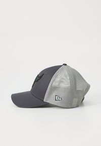 Dark gray baseball cap with mesh back, curved brim, and embroidered logo in black and teal. Features adjustable snap closure at the back.