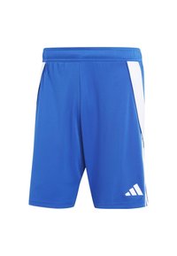 Blå träningsshorts gjorda av slät tyg, med vita sidopaneler och en vit Adidas-logotyp på vänster fåll. Elastisk midja ingår.