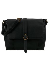 Borsa a tracolla in pelle nera con chiusura a pattina, dettagli in metallo dorato, tracolla regolabile e dettaglio della cinghia anteriore.