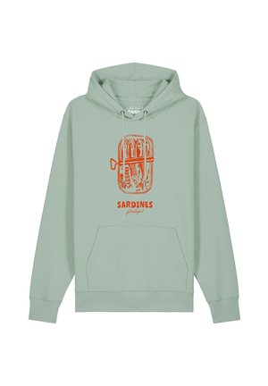 Lichtgroene hooded sweatshirt met oranje sardineblikjesafbeelding en "Sardines Portugal" tekst op de voorkant.
