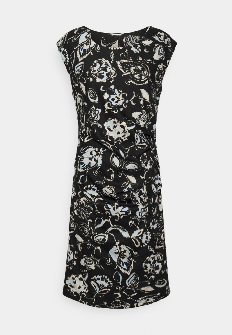 Robe noire longueur genou avec motif floral en blanc et bleu, manches courtes et léger froncé à la taille.