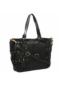 Zwarte leren schoudertas met geweven textuur. Voorzien van gouden hardware, studded accenten en dubbele handvatten. Inclusief een verstelbare schouderriem.
