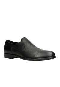 Schwarzer Slipper aus strukturiertem Leder mit einer glatten Zehenkappe. Verfügt über einen niedrigen Absatz und minimale Nähte.