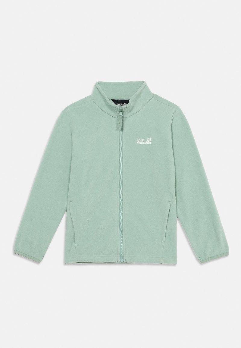 Φως πράσινο fleece μπουφάν με πλήρη φερμουάρ, όρθιο γιακά και δύο πλαϊνές τσέπες, με το λογότυπο Jack Wolfskin στο αριστερό στήθος.