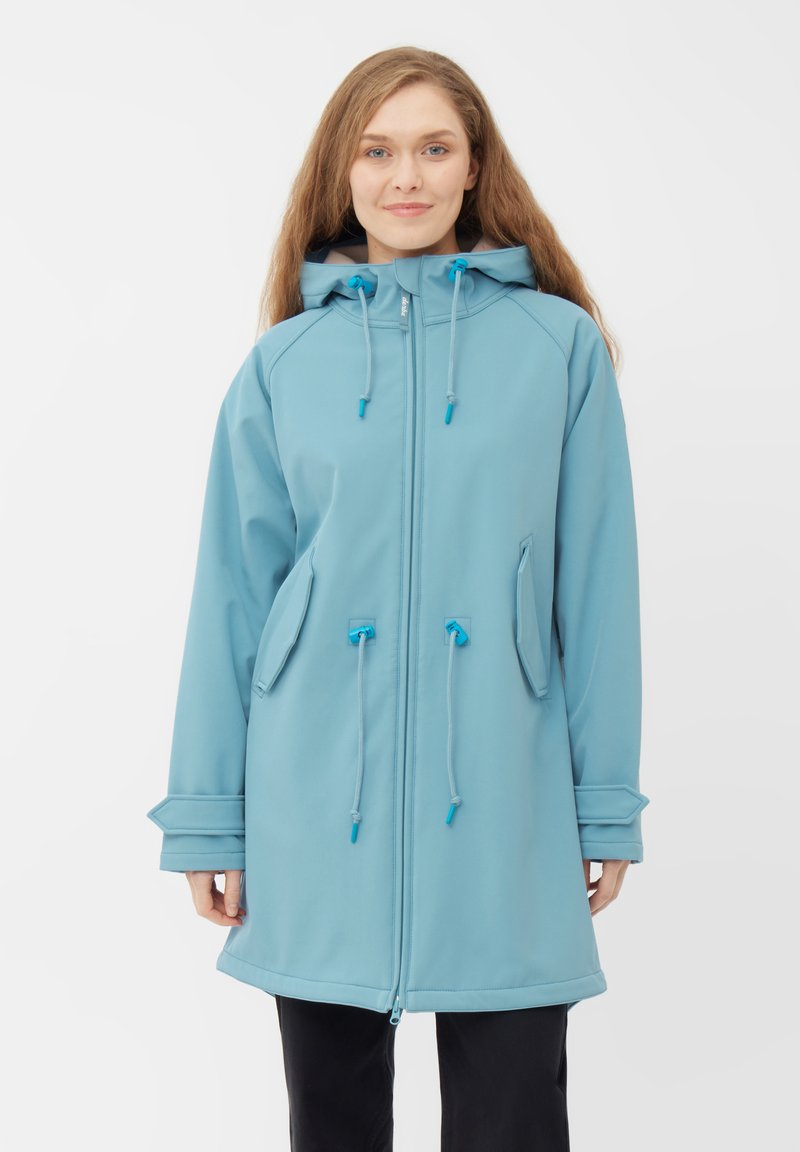 Giacca lunga di un blu chiaro con cappuccio, caratterizzata da dettagli con cordino, tasche laterali e chiusura con zip. Tessuto liscio e maniche lunghe.