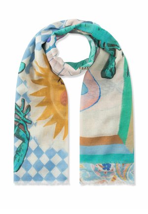 Leichter Schal mit buntem Sonnenmotiv, abstrakten Formen und blauem Rautenmuster auf weißem Hintergrund.