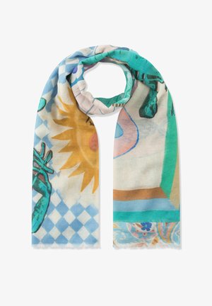 Leichter Schal mit buntem Sonnenmotiv, abstrakten Formen und blauem Rautenmuster auf weißem Hintergrund.