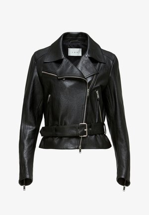 Schwarze Leder-Motorradjacke mit einem taillierten Gürtel, silbernen Reißverschlüssen und einem spitzen Kragen. Verfügt über ein strukturiertes Material und umfangreiche Nähdetails.