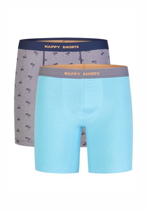 Boxer shorts set in blue and gray. The gray pair features a palm tree pattern, while the blue pair is solid. Both have "HAPPY SHORTS" waistband.