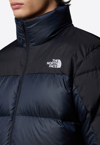 Puffjacka i marinblått med hög krage, med kviltade sektioner och The North Face-logotyp i vitt på bröstet. Slät textur.